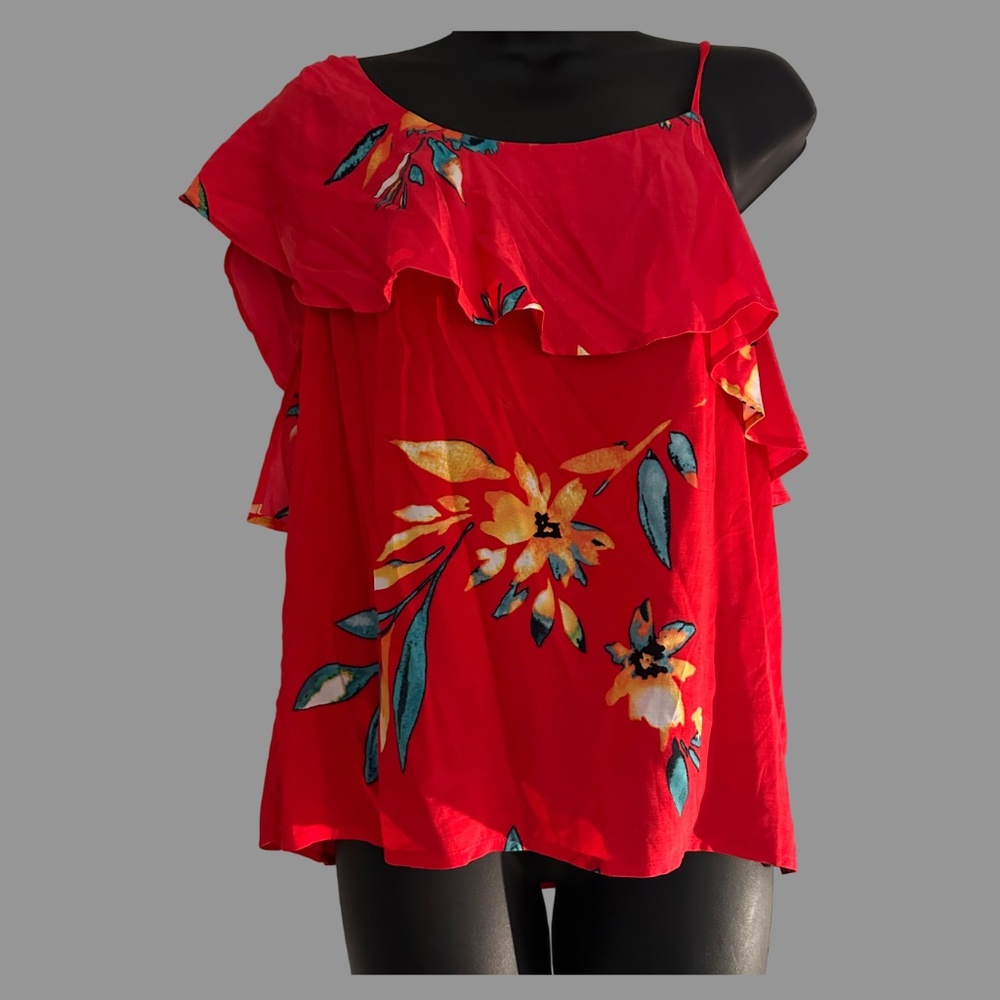 Express Red Floral Ruffle One-Shoulder Top